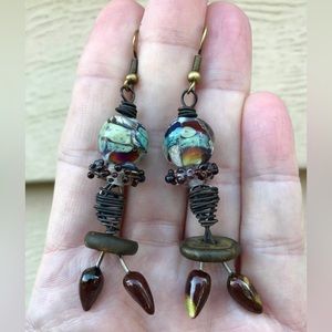 Artisan one of a kind Brass, Copper, lampwork, & ceramic earrings by Cheryl Zink